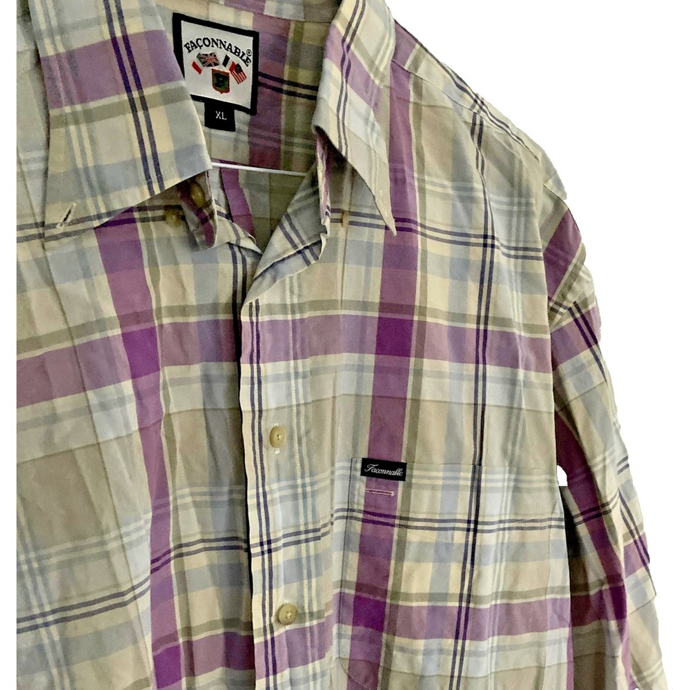 Faconnable Shirt Mens XL Beige Purple Plaid Long Sleeve Button Front Cotton